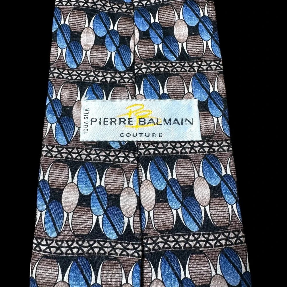 Pierre Balmain Couture Mens Silk Tie Blue Brown Geometric Abstract Pattern